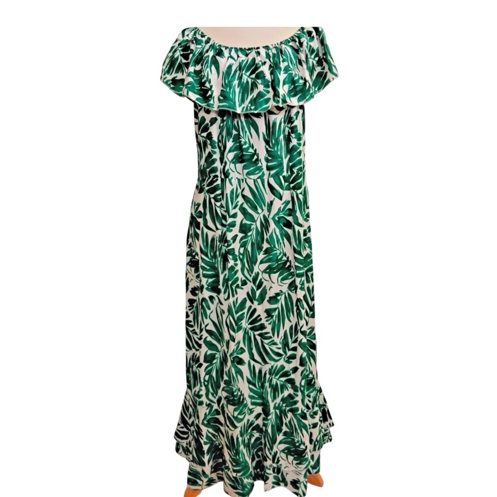 Kindred Smocked Dress Ivory/Green Floral Leaf Print Off Shoulder Size 1X